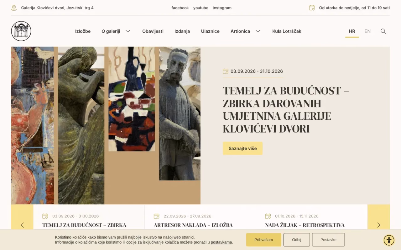 Naslovnica web stranice Galerije Klovićevi dvori
